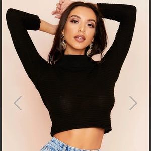 Lela Black Ribbed Roll Neck Knitted Cropped Jumper